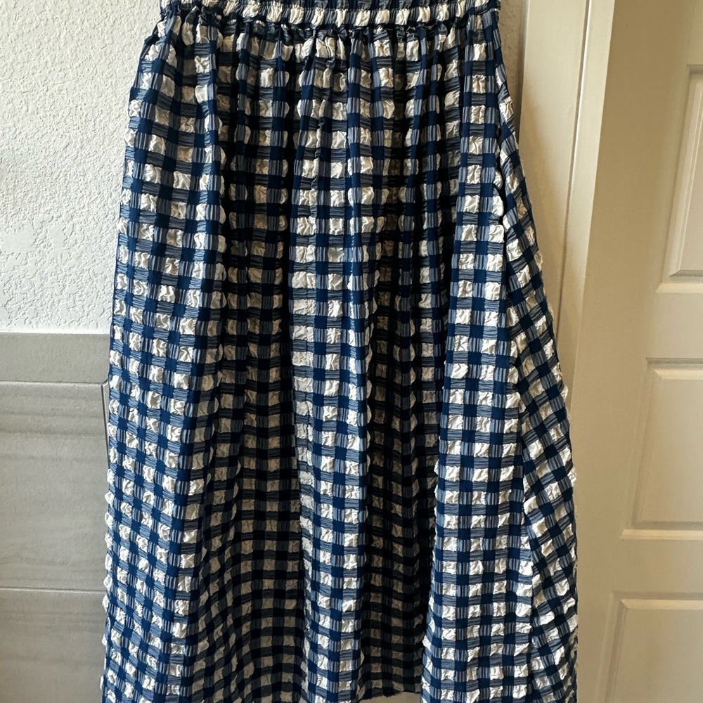 Navy and White Gingham Midi Skirt — Elastic Waist